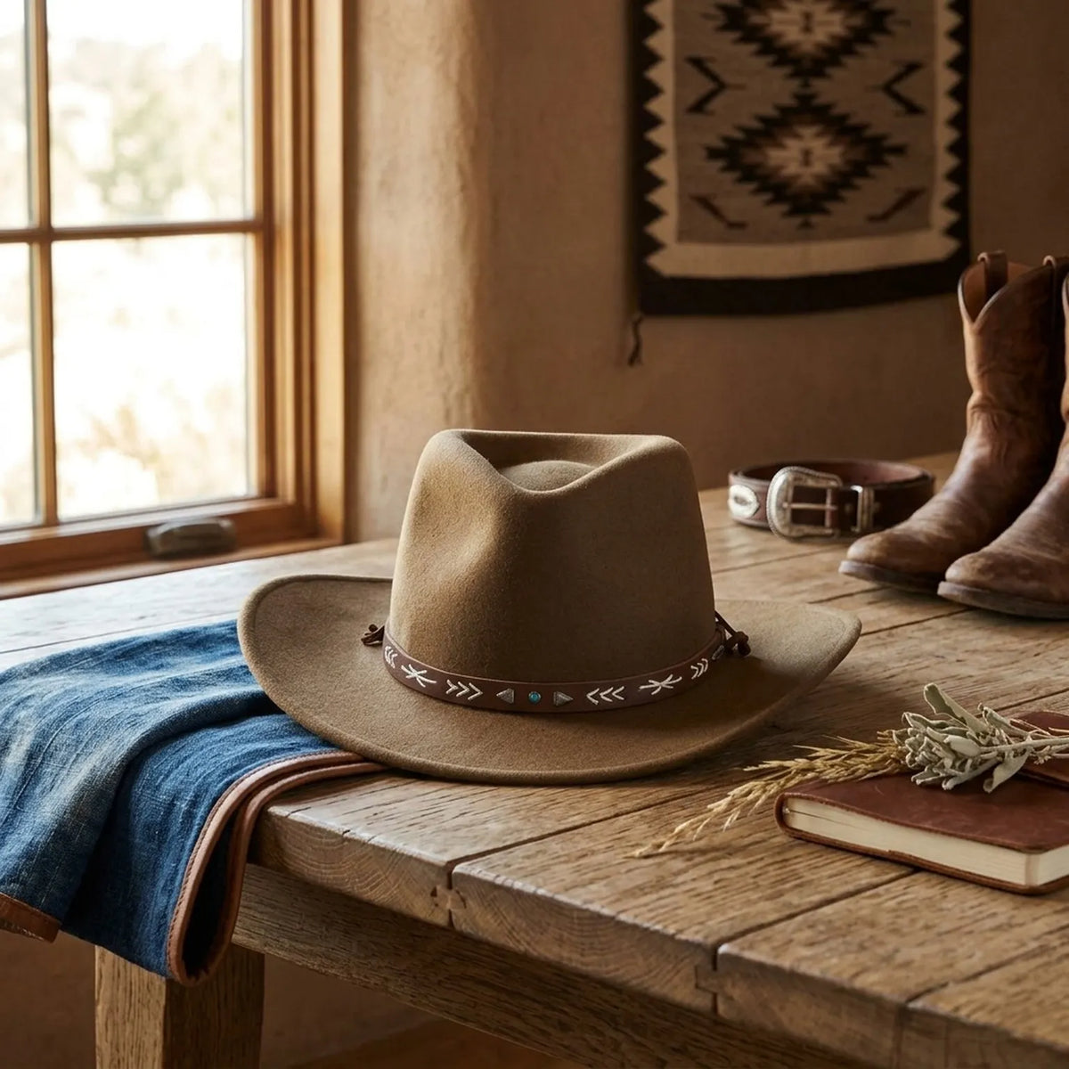 Brown Felt Western Hat with Turquoise Stone and Leaf Detail