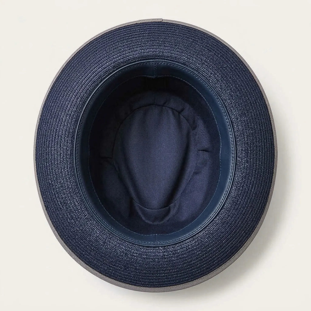 Navy Blue Straw Fedora with Gray Ribbon and Bow Accent