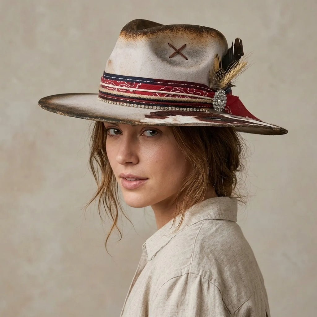 Distressed Brown Felt Western Hat Cowhide Brim Red Bandana