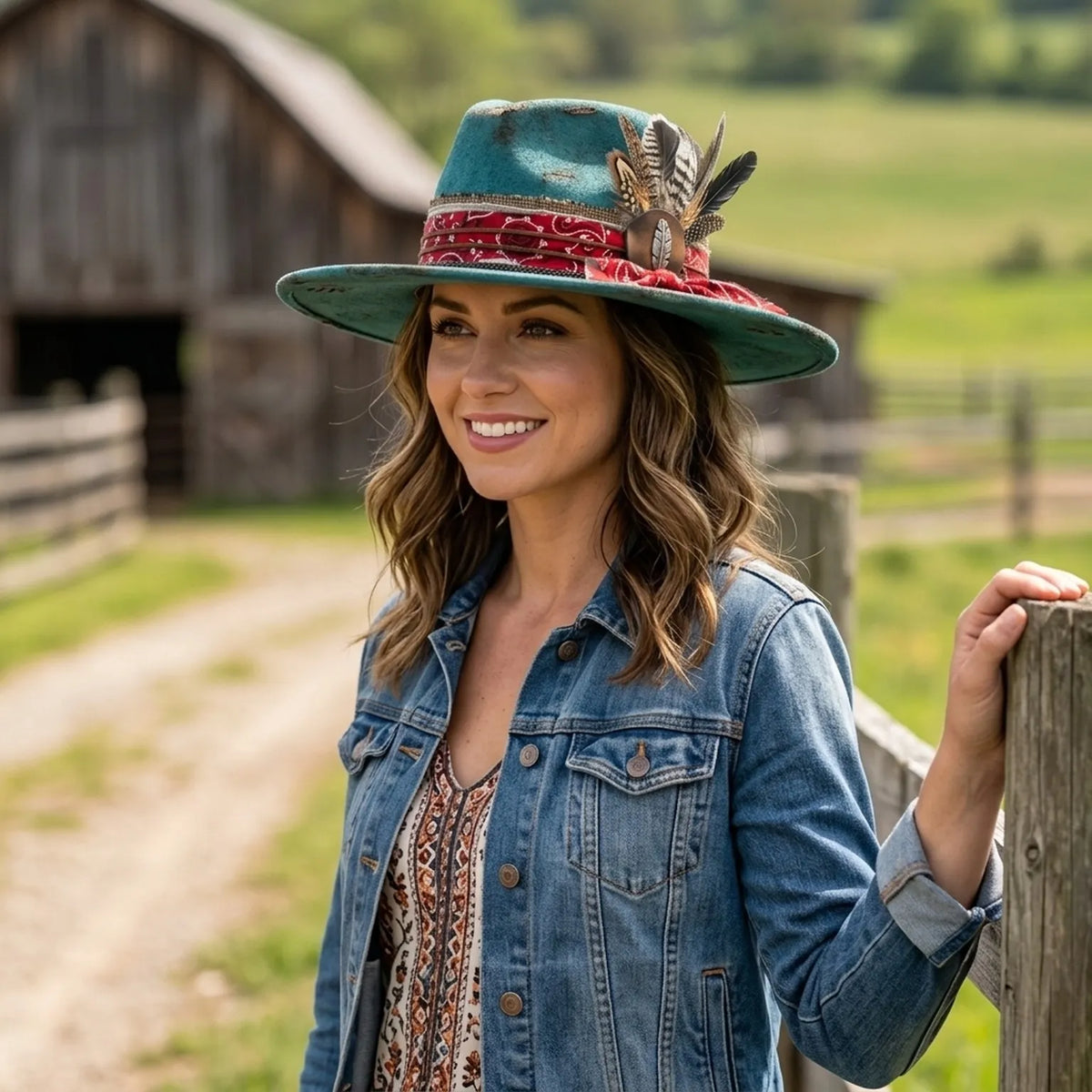 Distressed Teal Felt Western Hat Burlap Red Bandana Bow