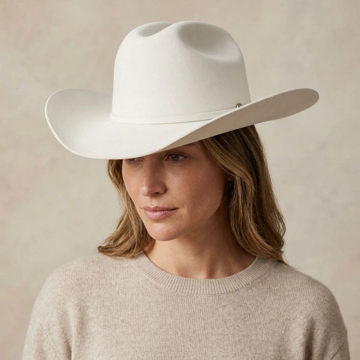 Cream White Felt Cowboy Hat with Tall Pinched Crown and Curled Brim