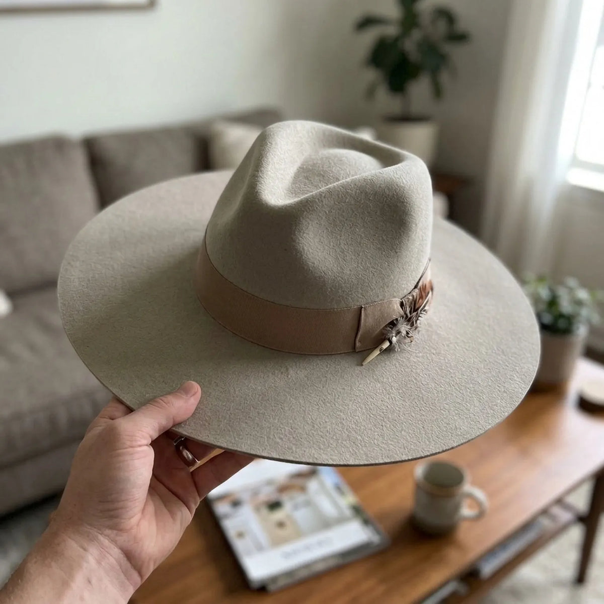 Light Gray Wool Felt Floppy Hat with Grosgrain Band and Feather