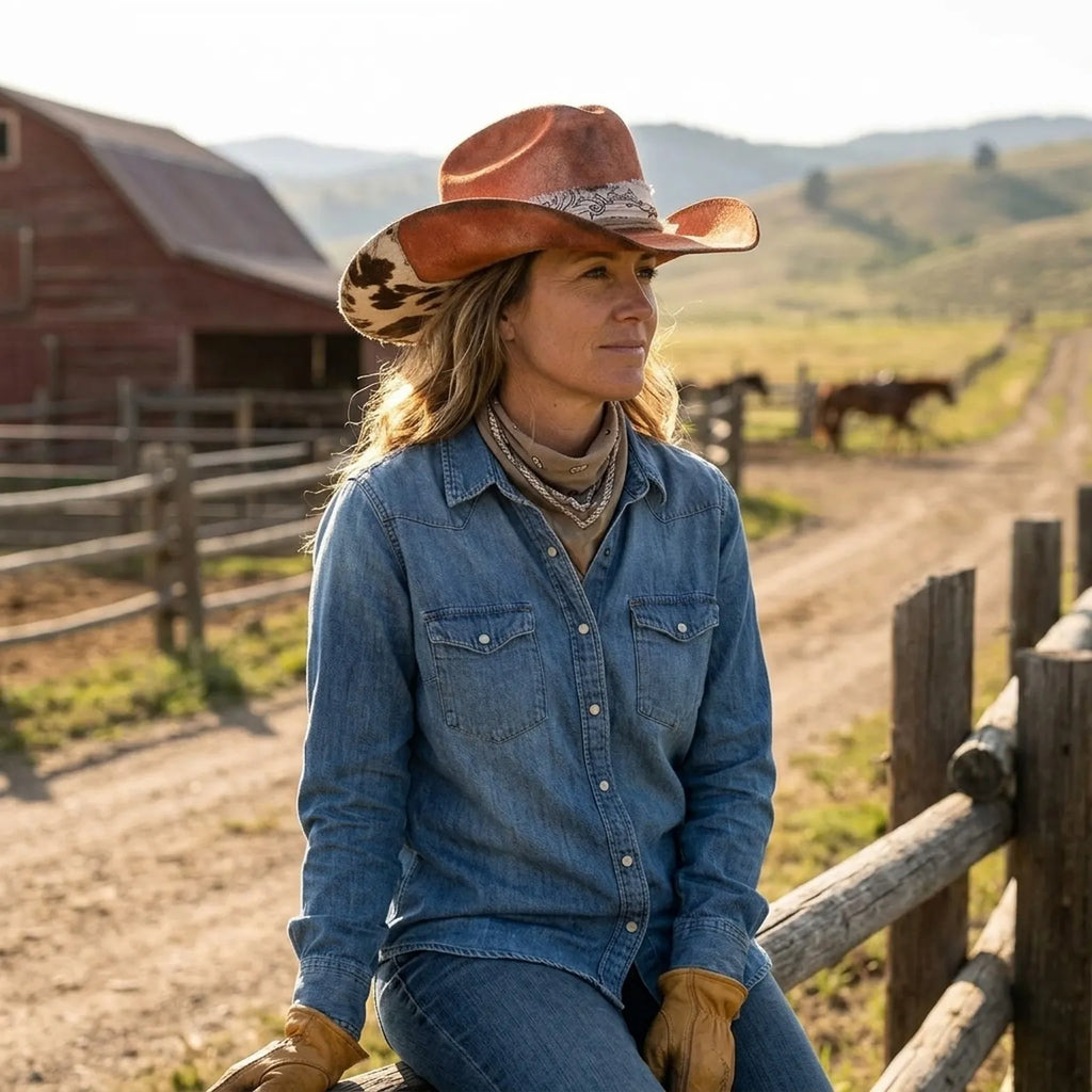 Rust Felt Cowboy Hat with Cow Print Brim and Paisley Bandana