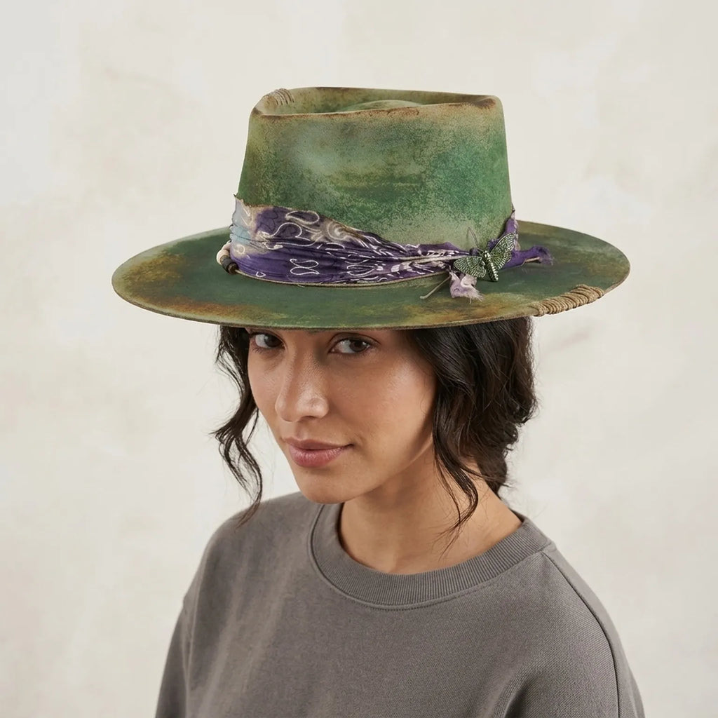 Moss Green Distressed Hat with Purple Patterned Band and Butterfly Pin