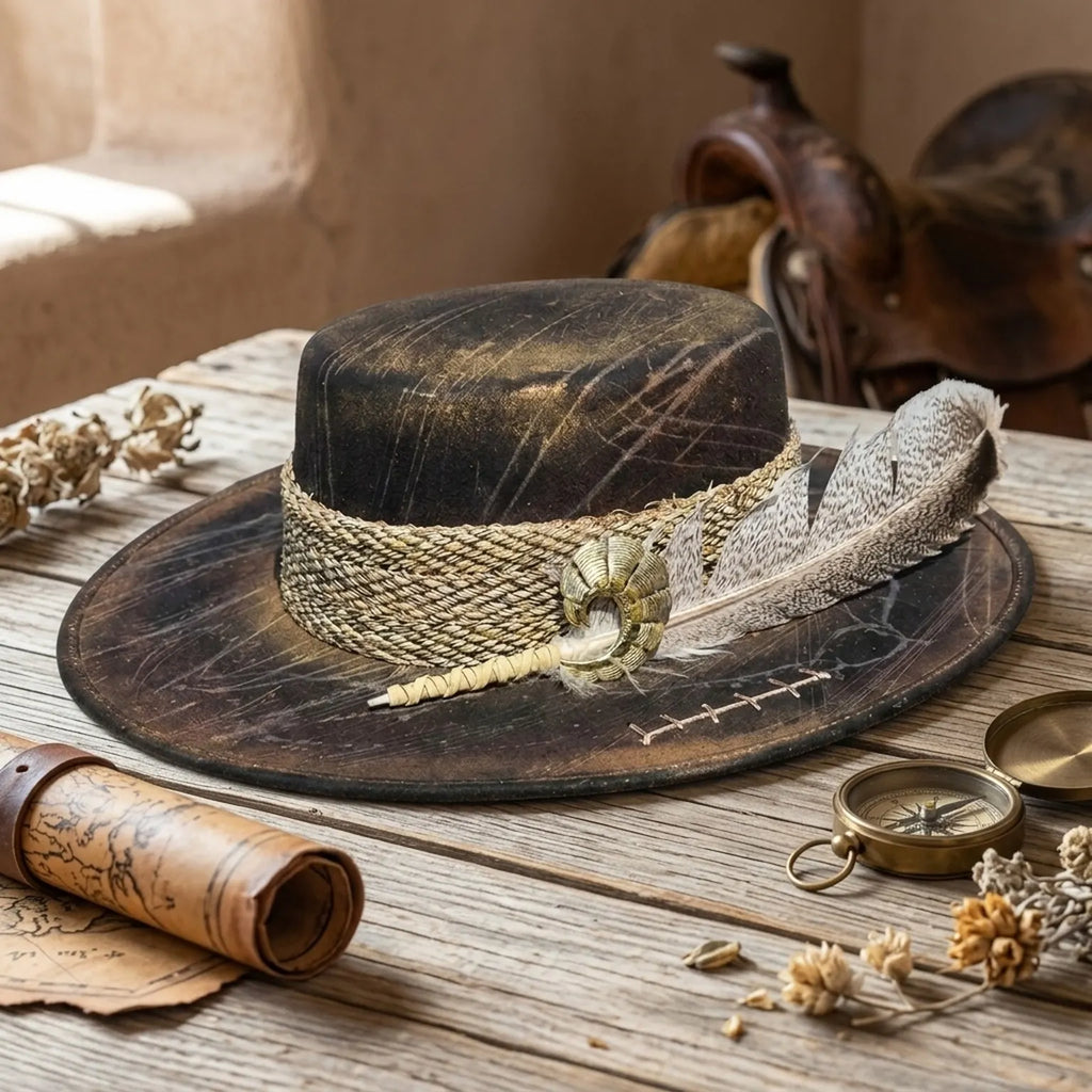 Dark Distressed Fedora Rope Band Speckled Feather Boho Ranch Hat