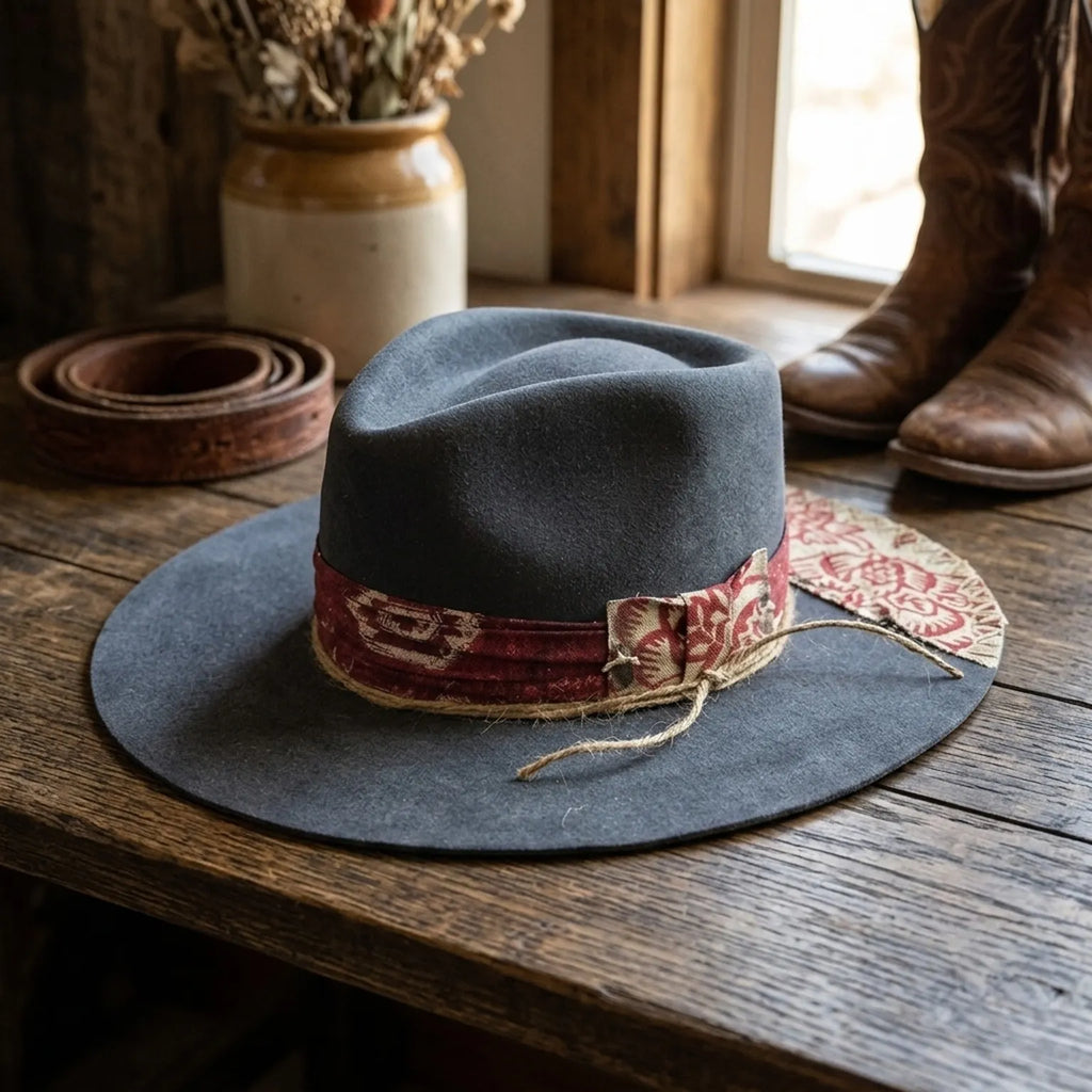 Slate Grey Felt Fedora with Floral Bow and Twine Detail