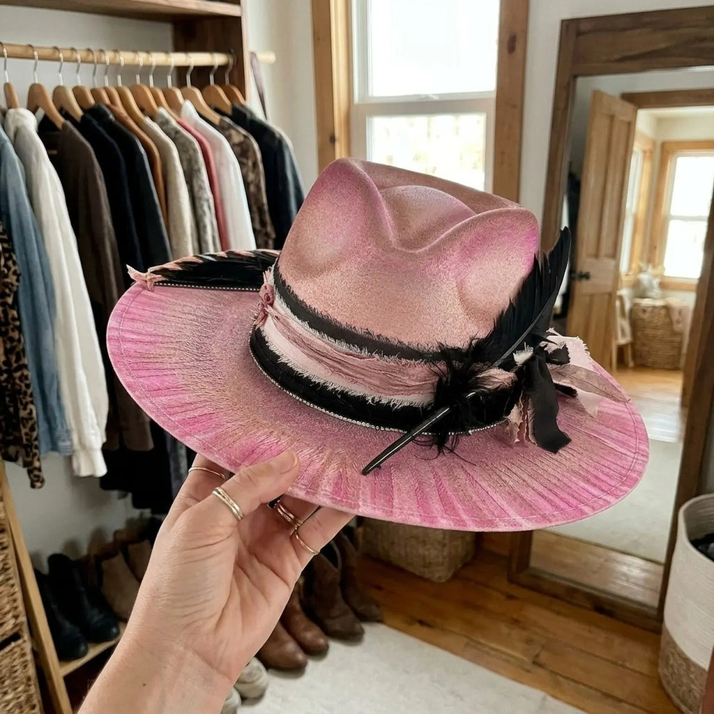 Pink Wide-Brim Floppy Hat with Black Feather and Ruffled Band