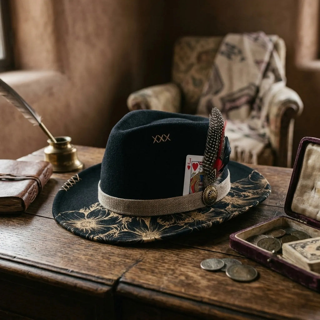 Glam Black Fedora with Gold Floral Brim and Playing Card