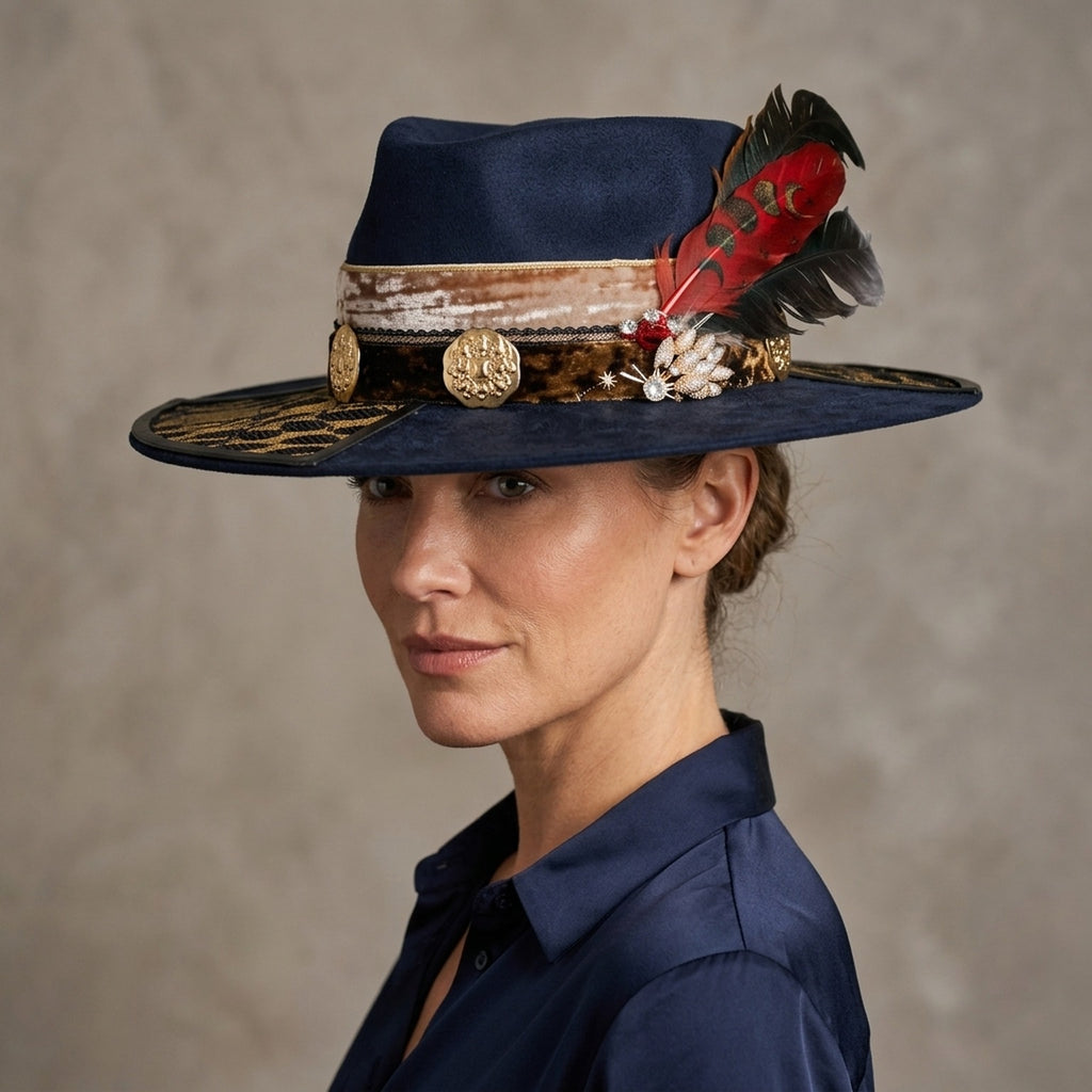 Navy Felt Western Hat with Leopard Brim and Feather Brooch