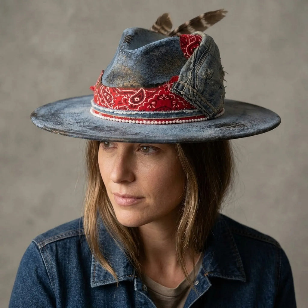 Blue Grey Distressed Felt Fedora with Denim Patch Bandana
