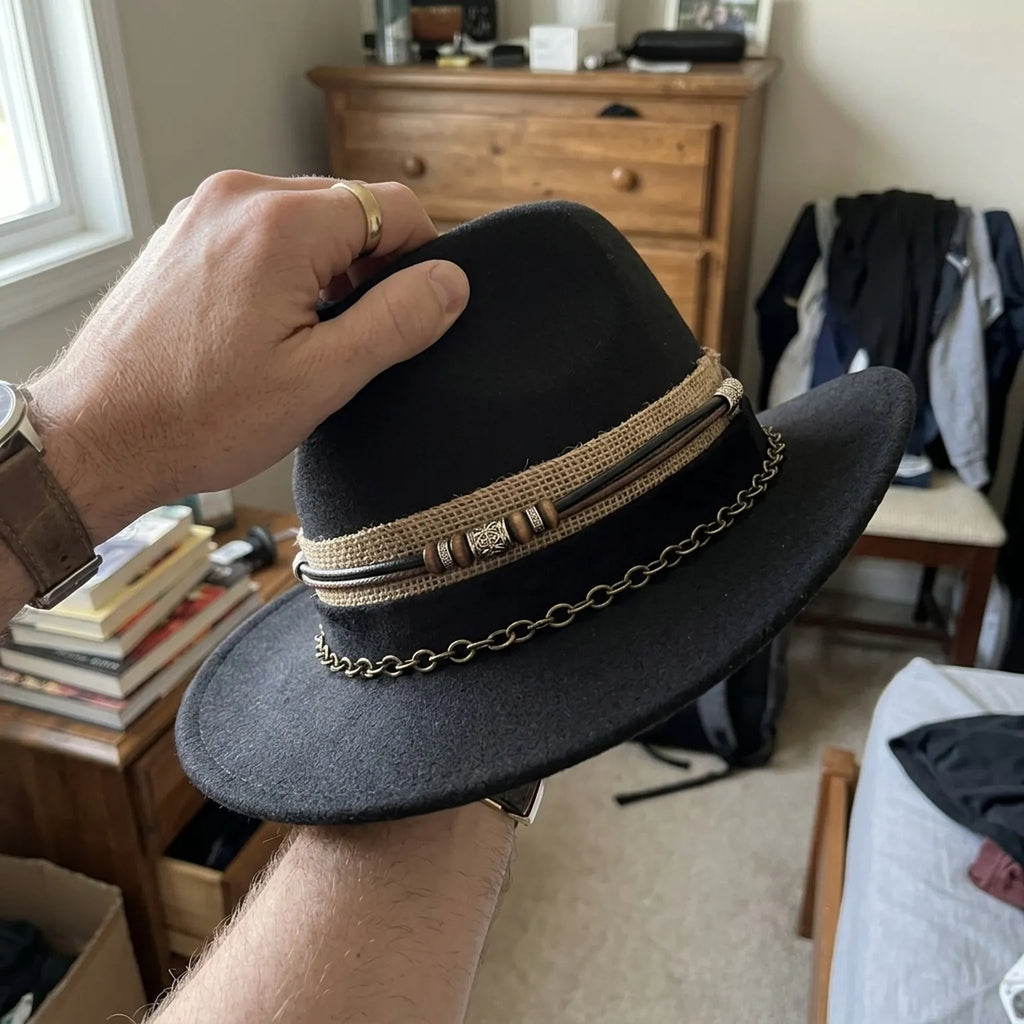 Black Wool Felt Western Fedora with Beaded Chain Band