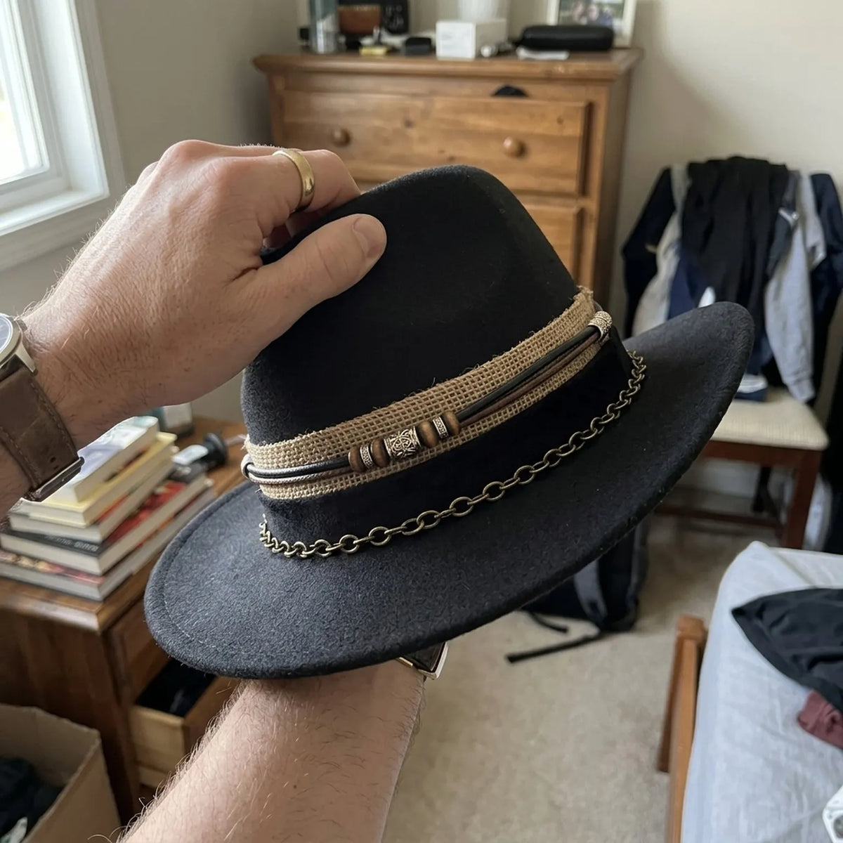Black Wool Felt Western Fedora with Beaded Chain Band