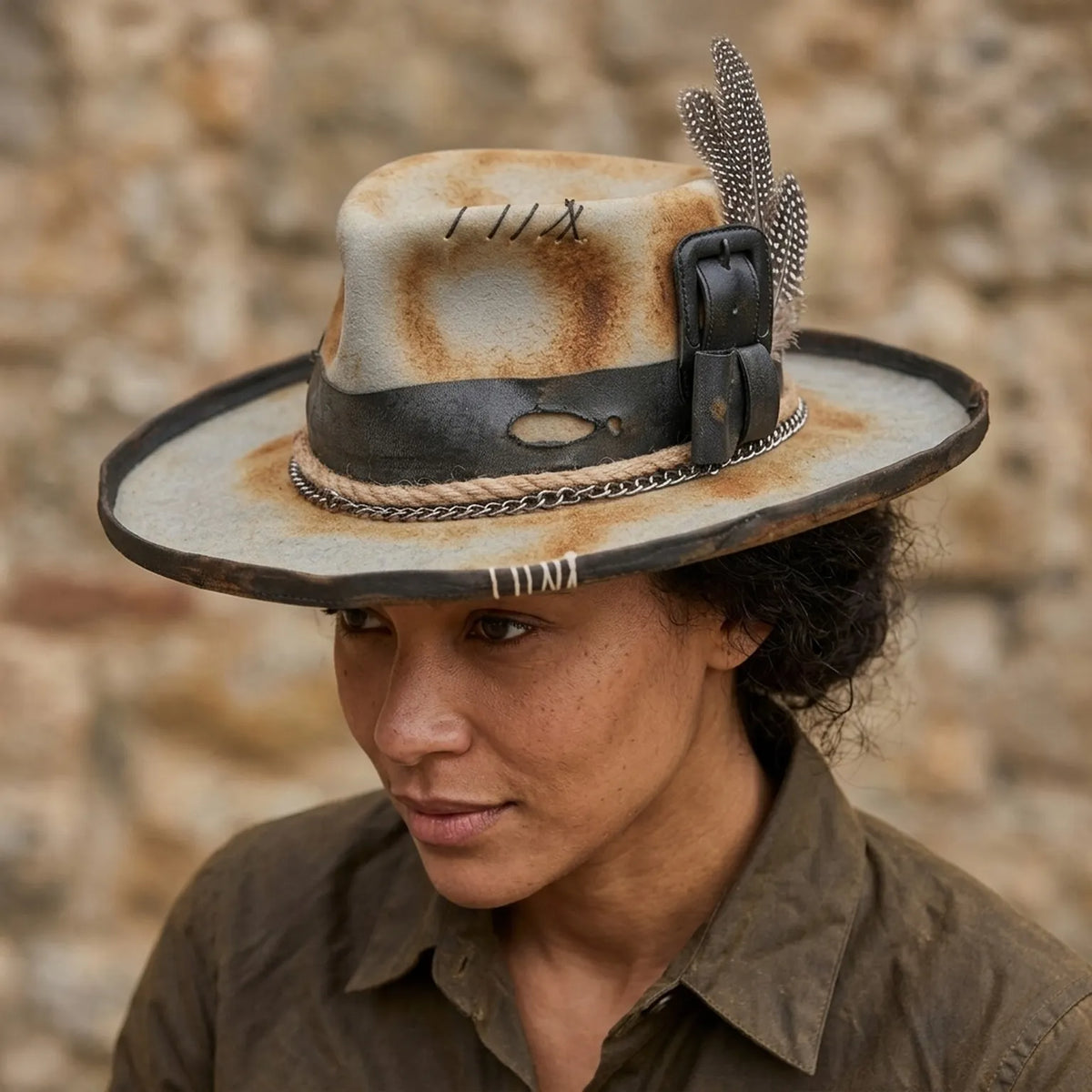 Aged Beige Fedora with Leather Buckle Band and Chain Trim