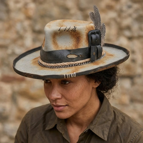 Aged Beige Fedora with Leather Buckle Band and Chain Trim
