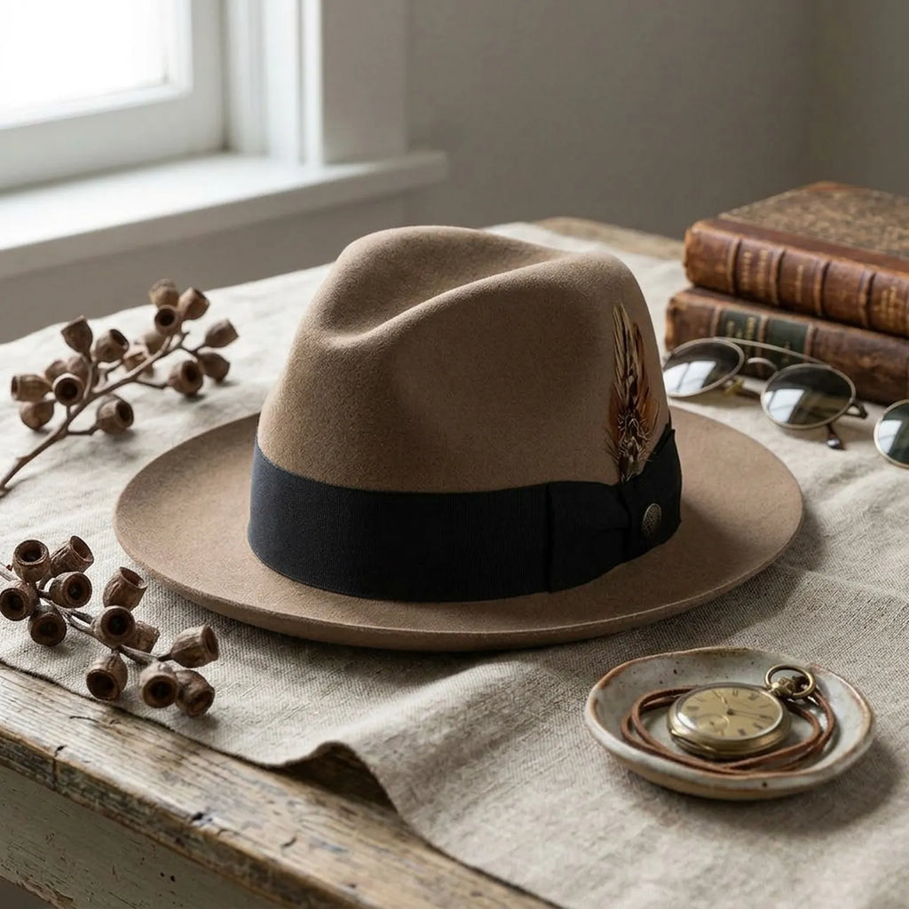 Camel Felt Fedora Hat with Black Grosgrain Band and Pinch Crown
