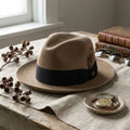 Camel Felt Fedora Hat with Black Grosgrain Band and Pinch Crown
