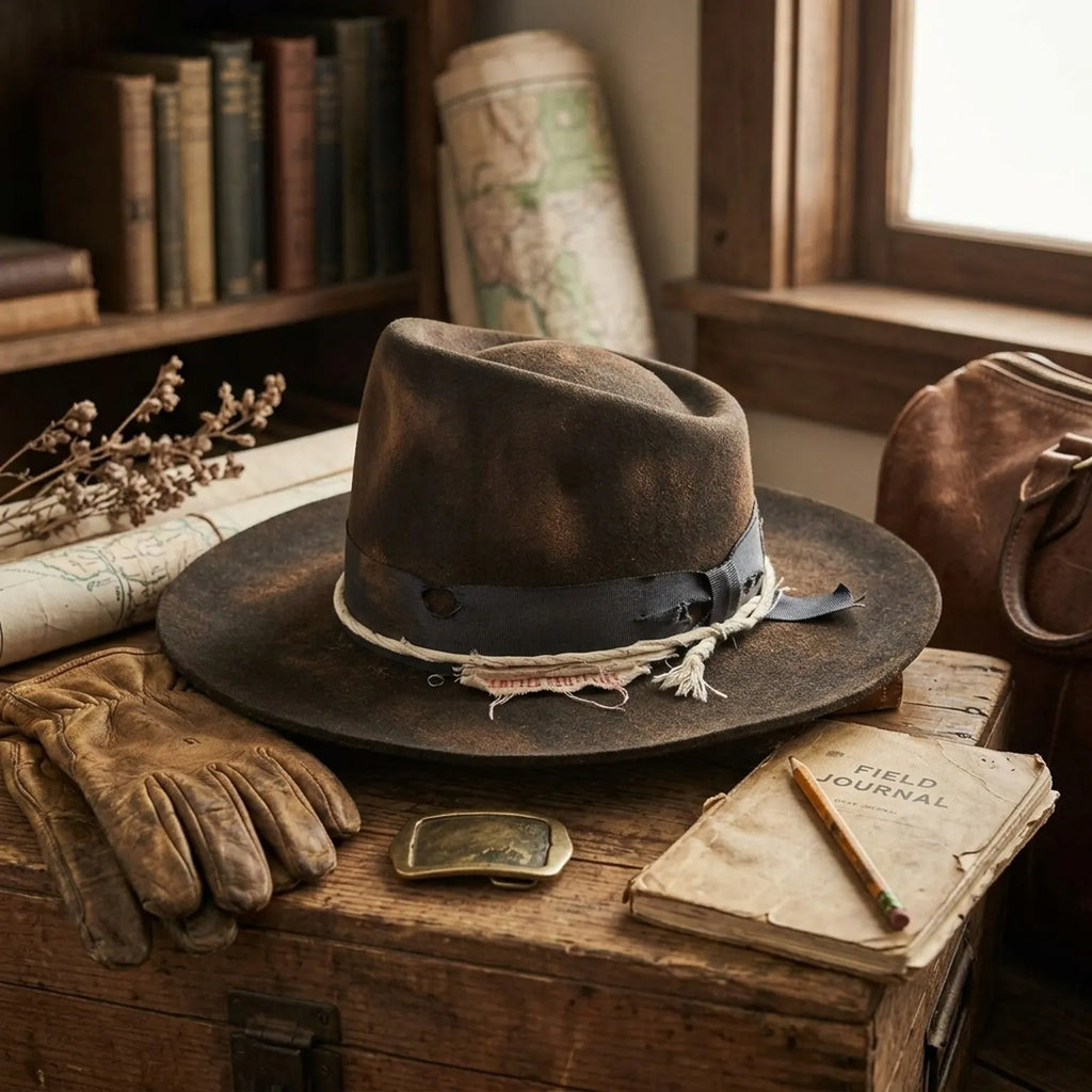 Dark Brown Fedora Frayed Ribbon Rope Band Tattered Tag Vintage