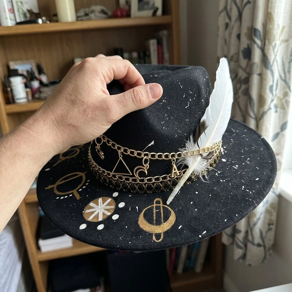 Black Celestial Fedora with Gold Mystical Symbols and Feather