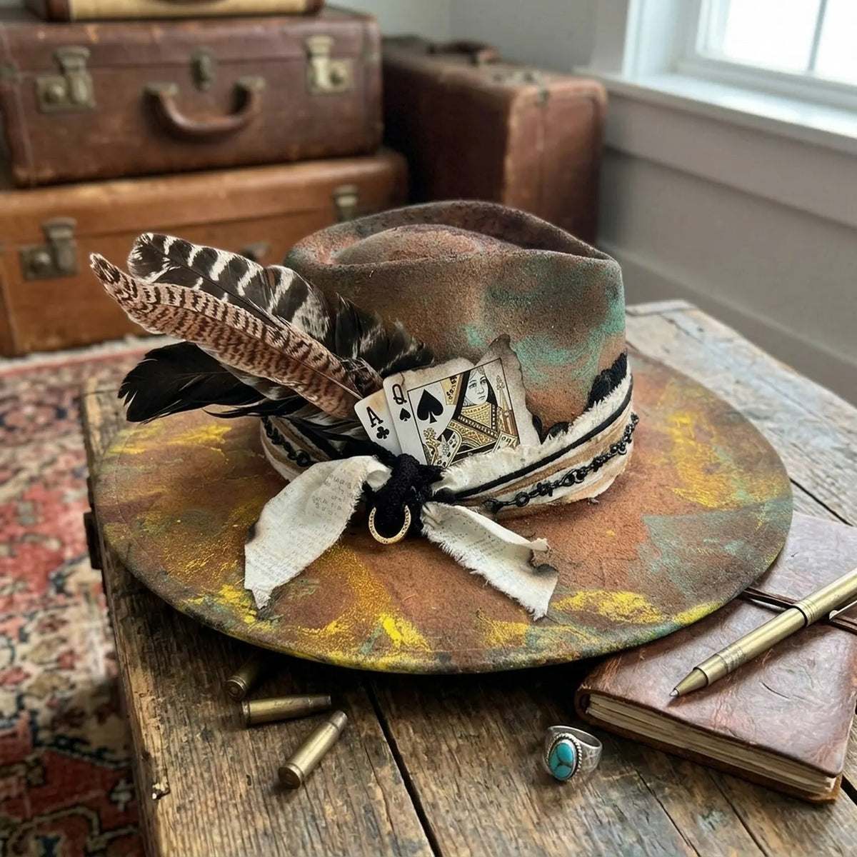 Mixed-Media Brown Fedora with Cards, Pearls, and Feather Cluster