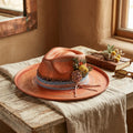 Rust Orange Felt Fedora Denim Burlap Layer Jeweled Brooch