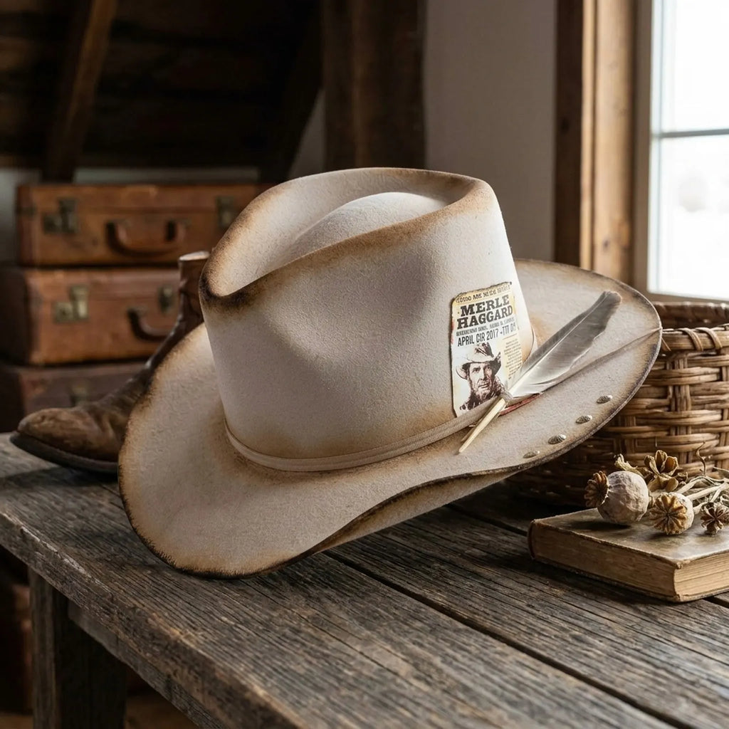 Distressed Beige Western Hat With Vintage Poster And Feather