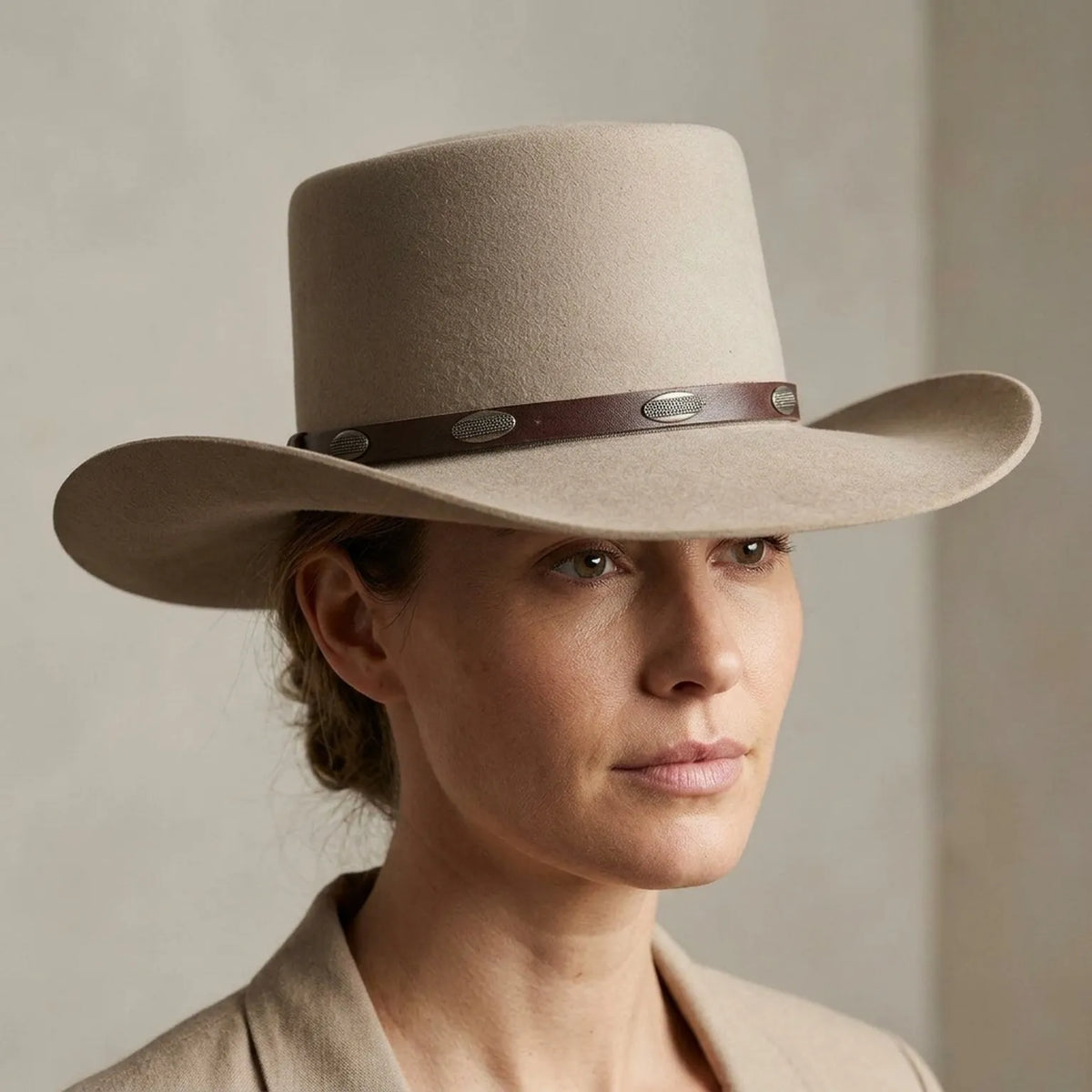 Tan Wool Felt Western Hat with Leather Band and Metal Concho Trim
