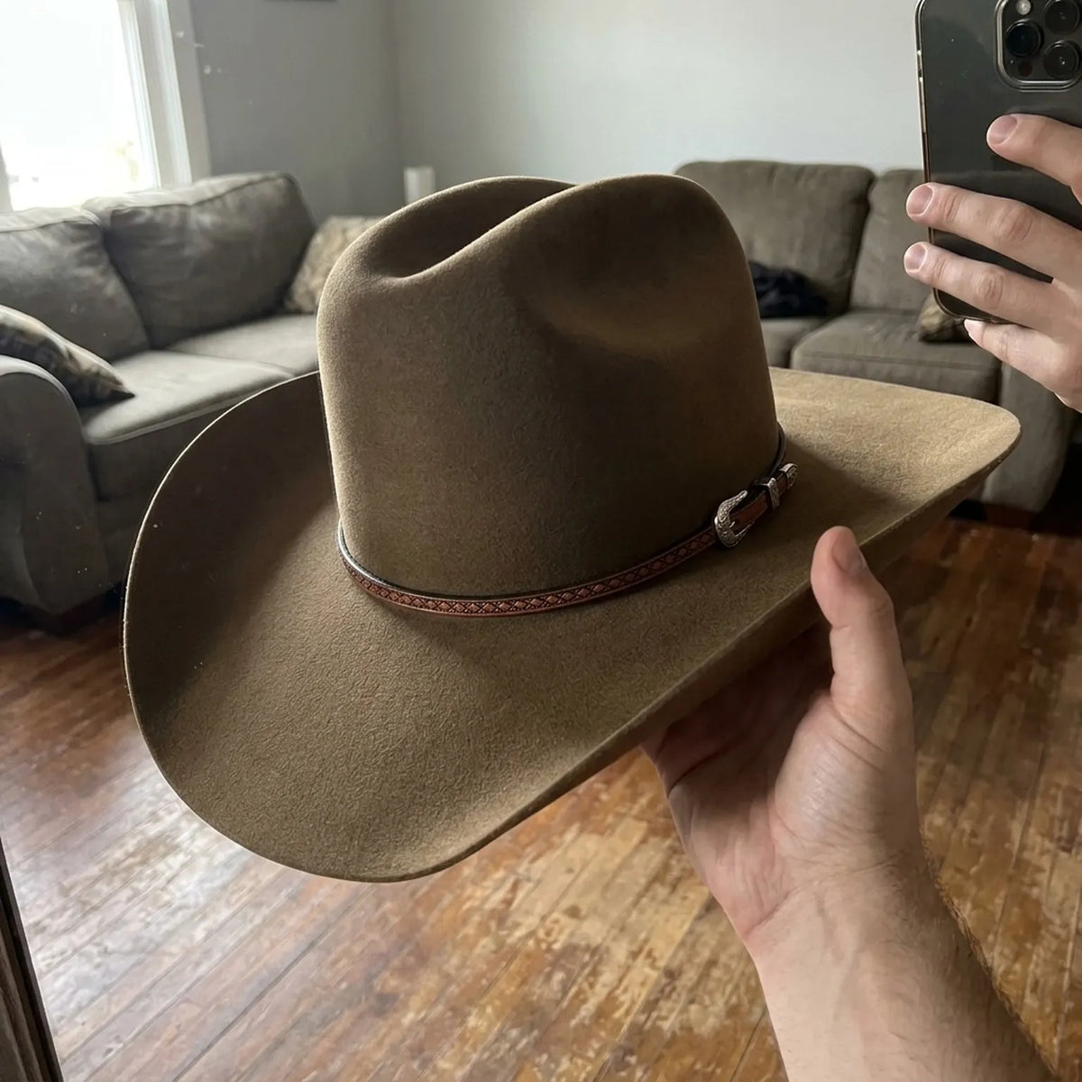 Tan Western Wool Felt Cowboy Hat with Tooled Leather Band