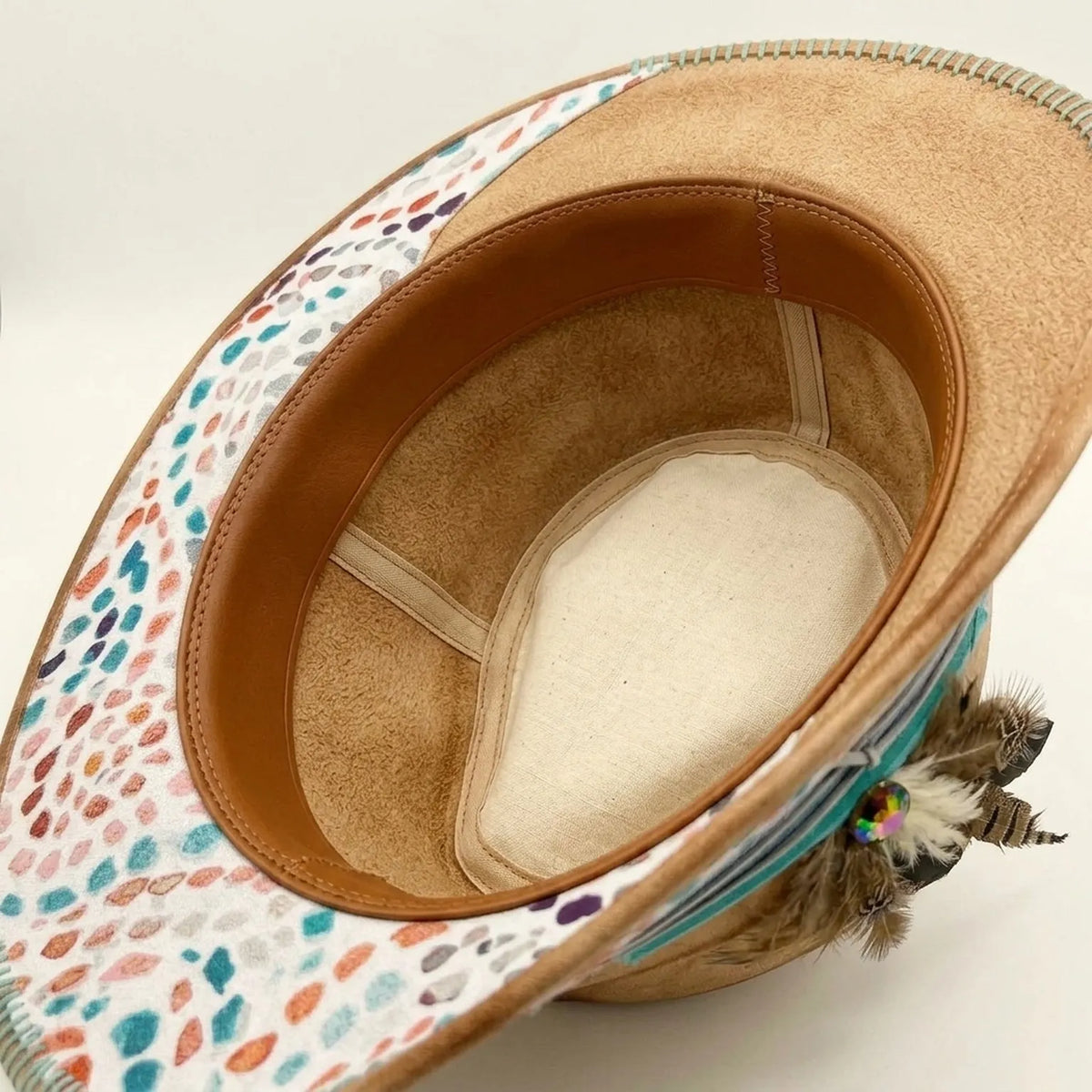 Tan Festival Fedora with Painted Confetti Brim and Feathers