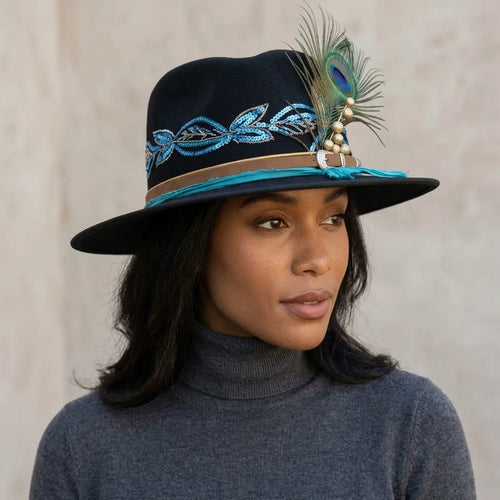 Black Felt Fedora with Blue Sequin Leaves and Peacock Feather