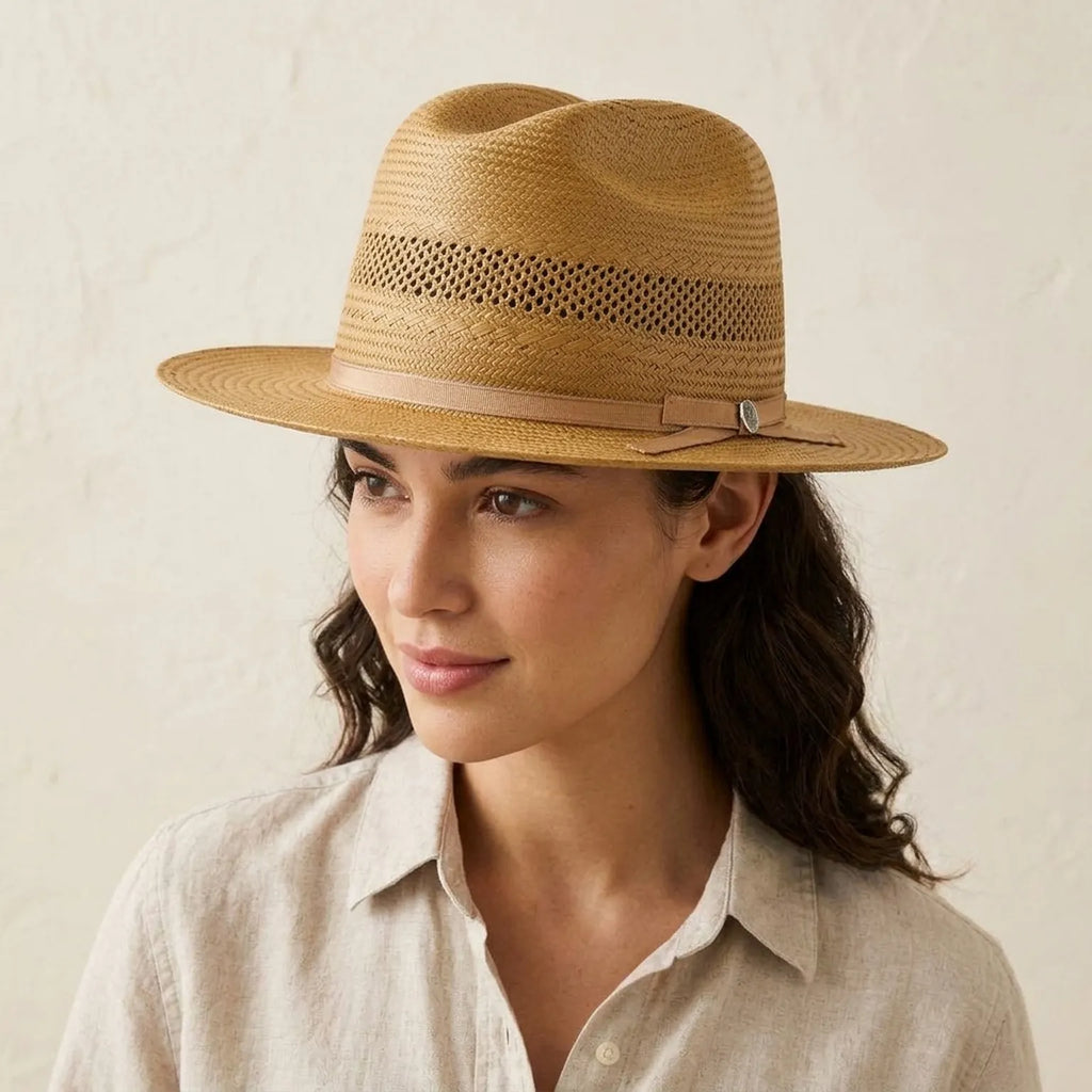Honey Tan Straw Fedora Hat with Open Weave Ventilation Band