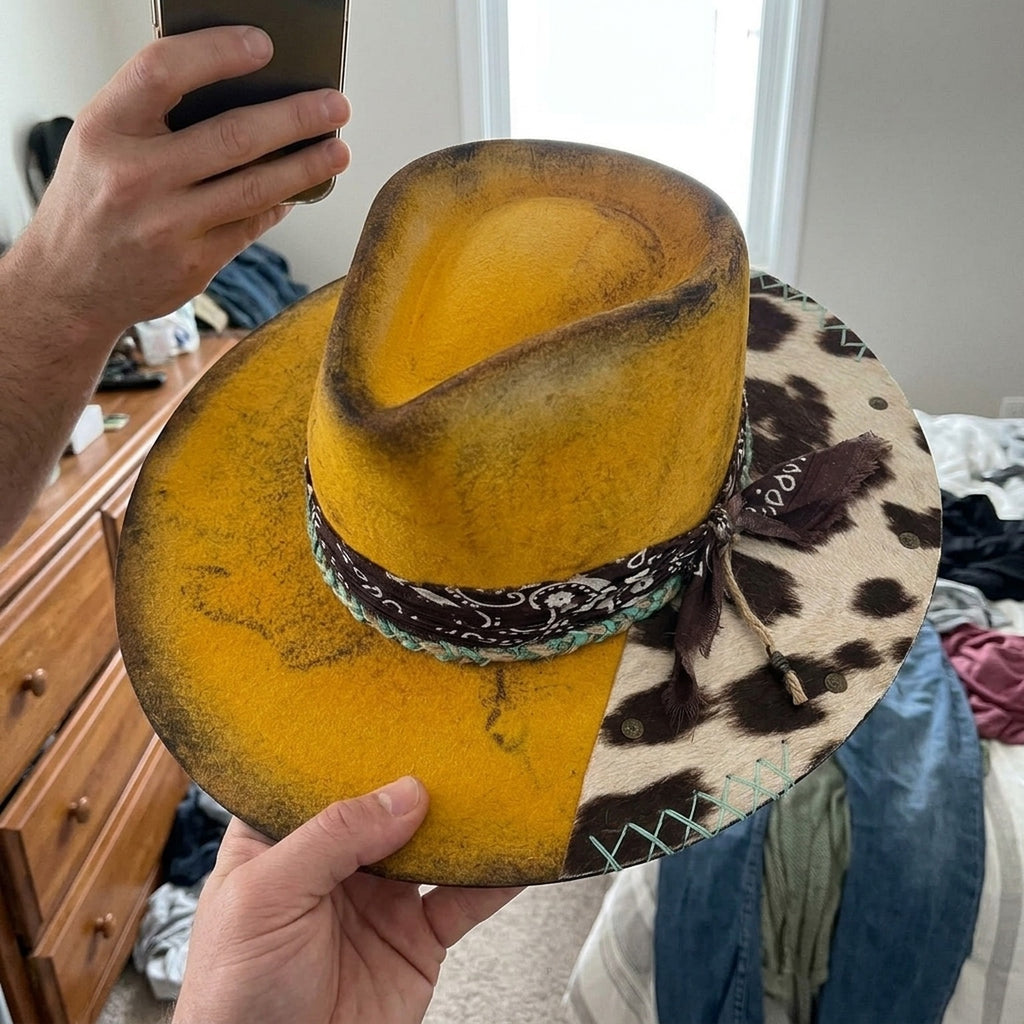 Yellow Western Hat with Cow Print Patch and Paisley Bandana Band