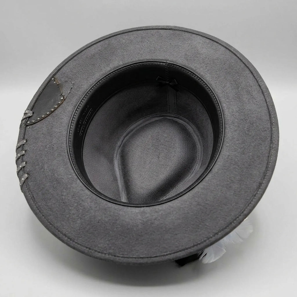 Gray Flocked Fedora Hat with Wild Soul Embroidery and Feather