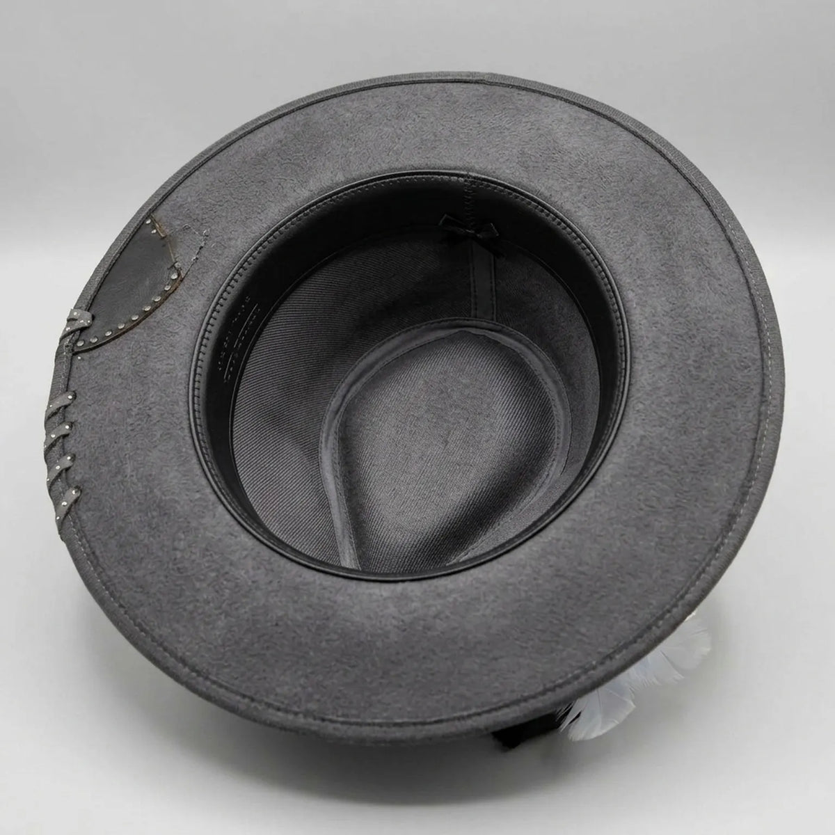 Gray Flocked Fedora Hat with Wild Soul Embroidery and Feather