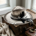 Distressed Beige Fedora with Bandana Scarf and Feather Accent