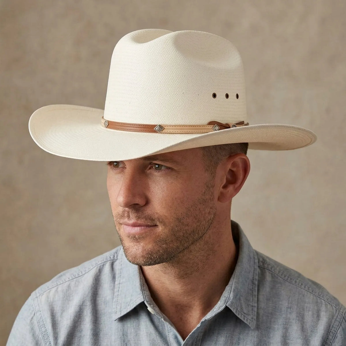 Ivory Straw Western Cowboy Hat with Tan Leather Concho Band