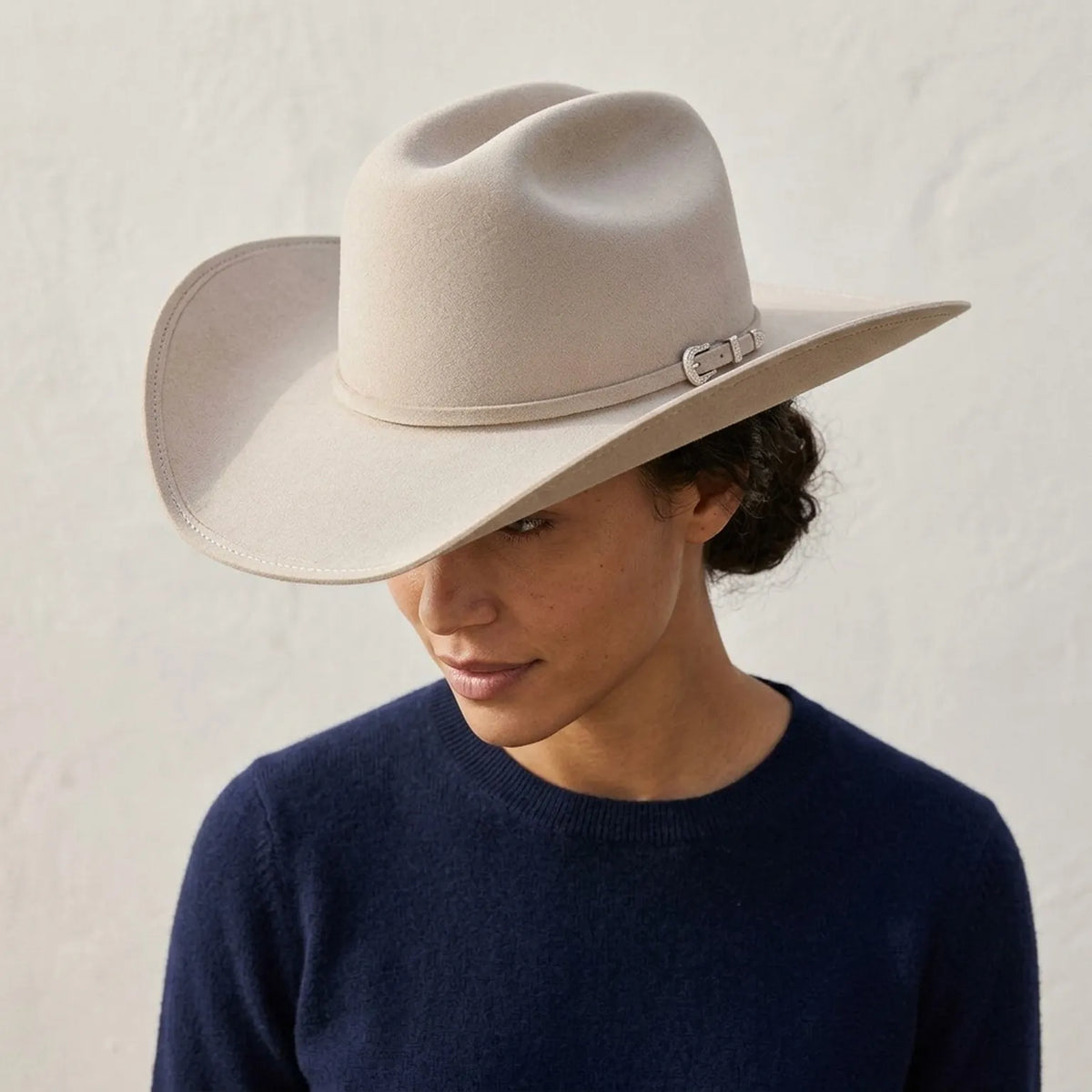 Camel Felt Cowboy Hat with Pinched Crown and Curved Brim