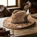 Tan Faux Suede Cowboy Hat with Cow Print Brim and Feather Trim