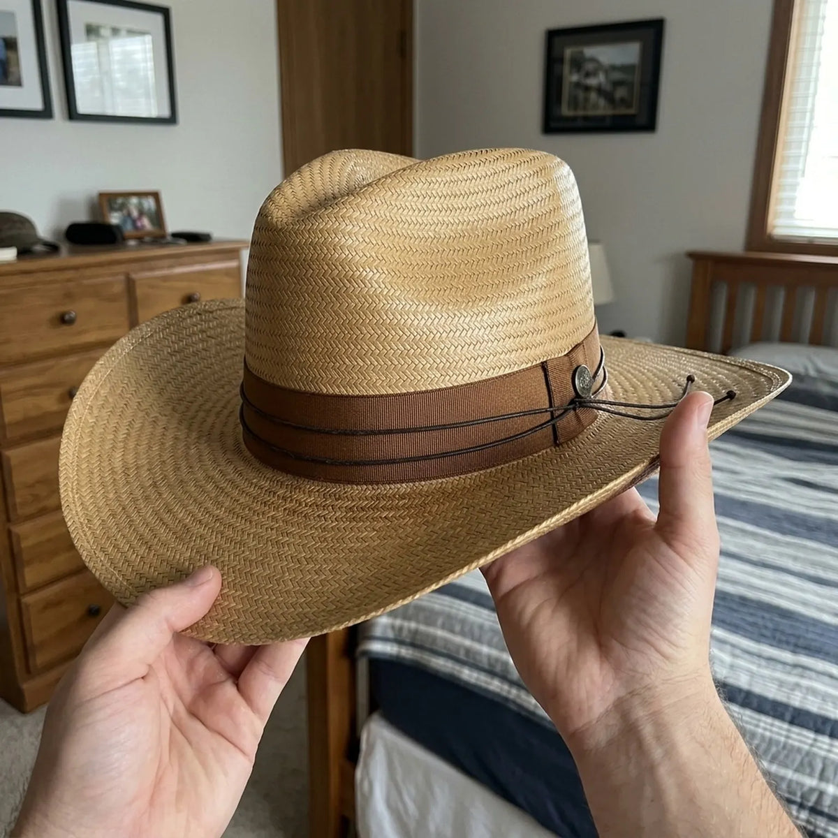 Tan Straw Floppy Sun Hat with Chin Tie and Wide Brim