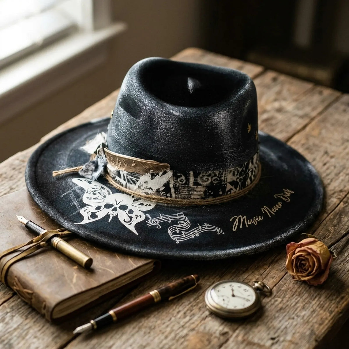 Black Music-Themed Fedora with Skull Butterfly and Bandana