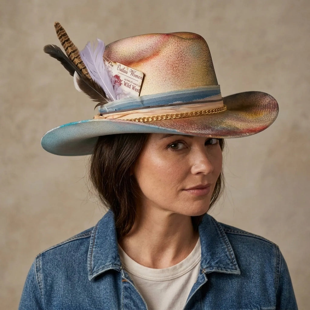 Tie-Dye Festival Fedora in Sunset Tones with Feather Chain