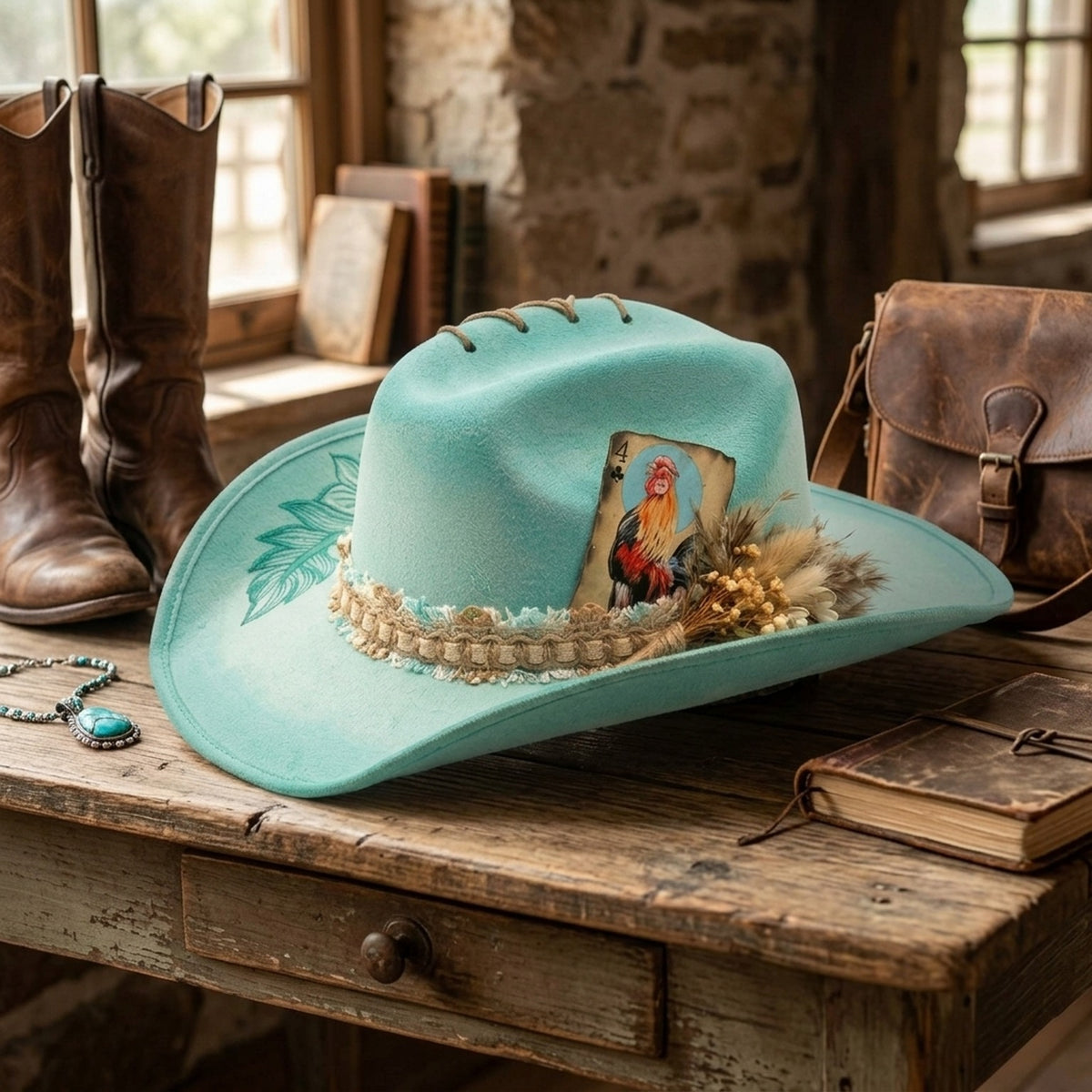 Boho Teal Western Hat with Rooster Card and Dried Flowers