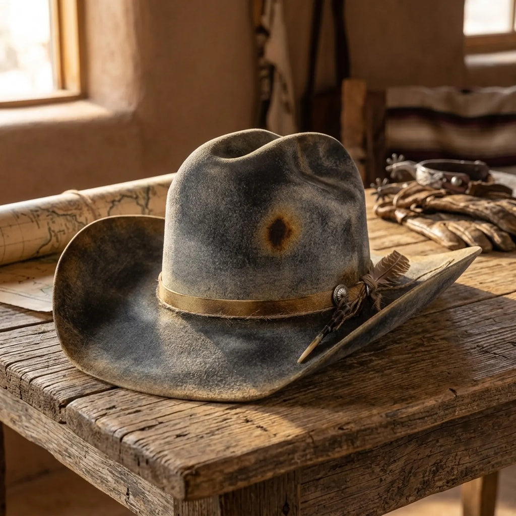 Distressed Gray Felt Cowboy Hat with Feather Concho Band