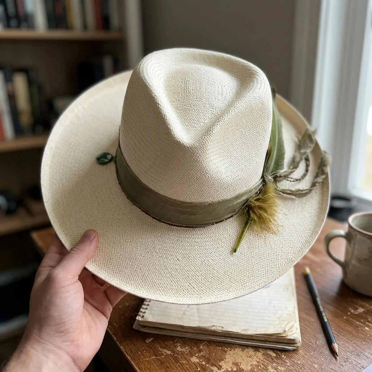 White Straw Panama Hat with Feather and Beads