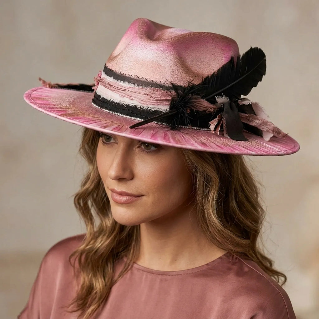 Pink Wide-Brim Floppy Hat with Black Feather and Ruffled Band
