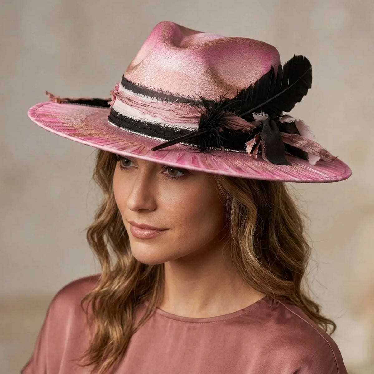 Pink Wide-Brim Floppy Hat with Black Feather and Ruffled Band