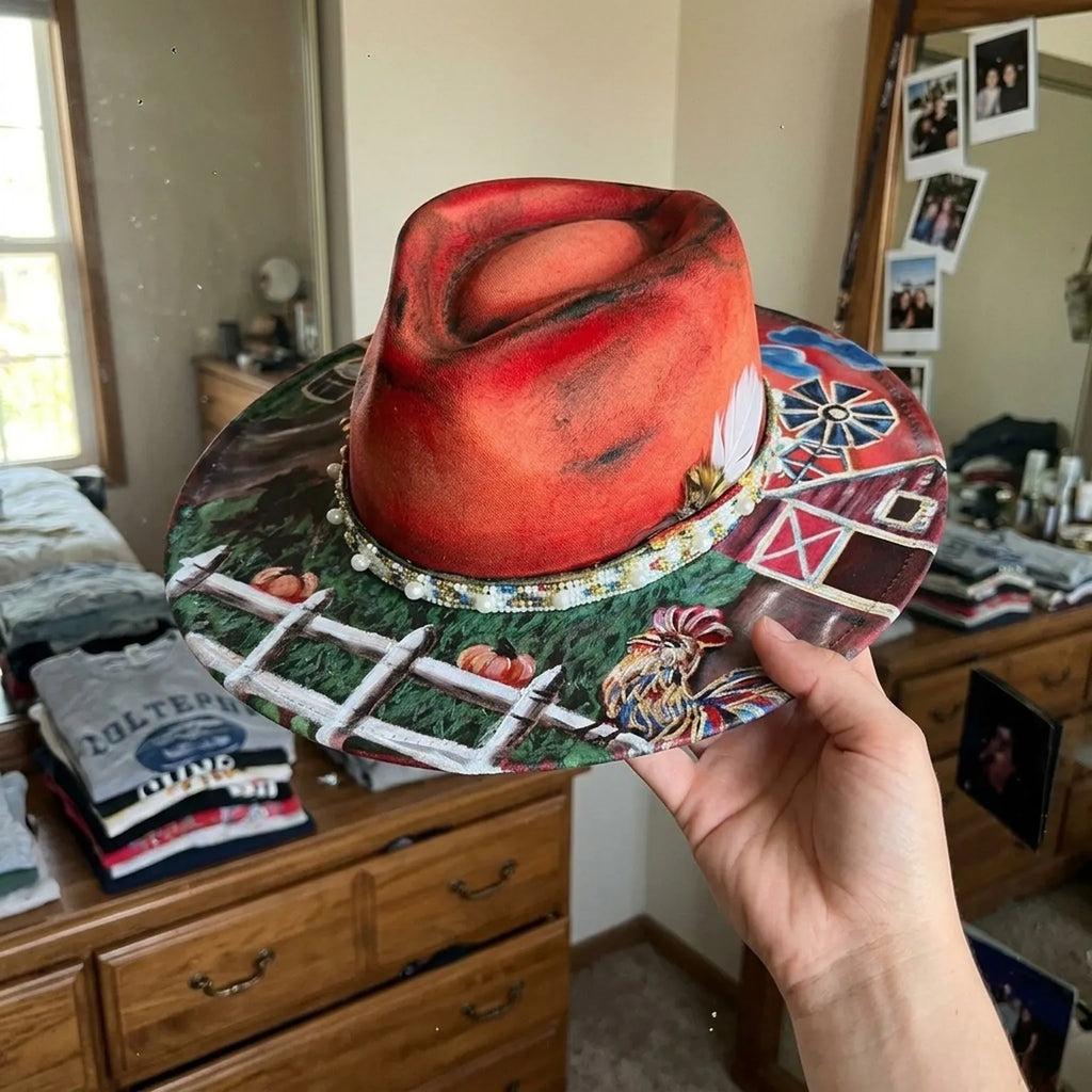 Red Crown Fedora Hat with Hand-Painted Farm Brim Scene
