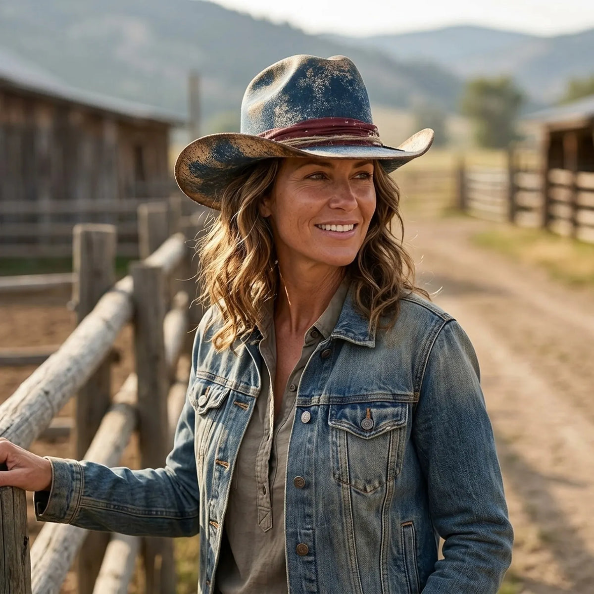Distressed Blue Cowboy Hat with Feather Charm and Bandana Band
