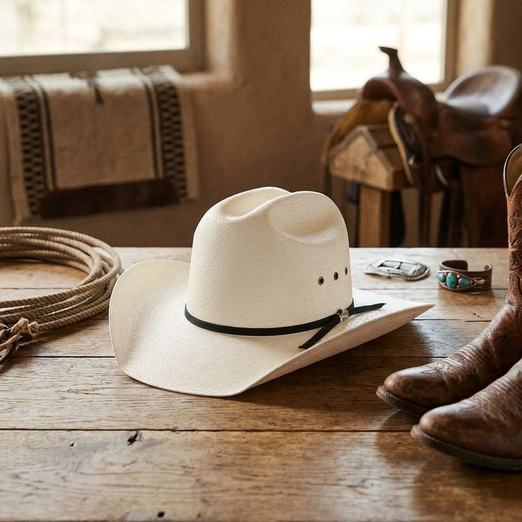 White Straw Cowboy Hat with Pinched Crown and Black Tie Band