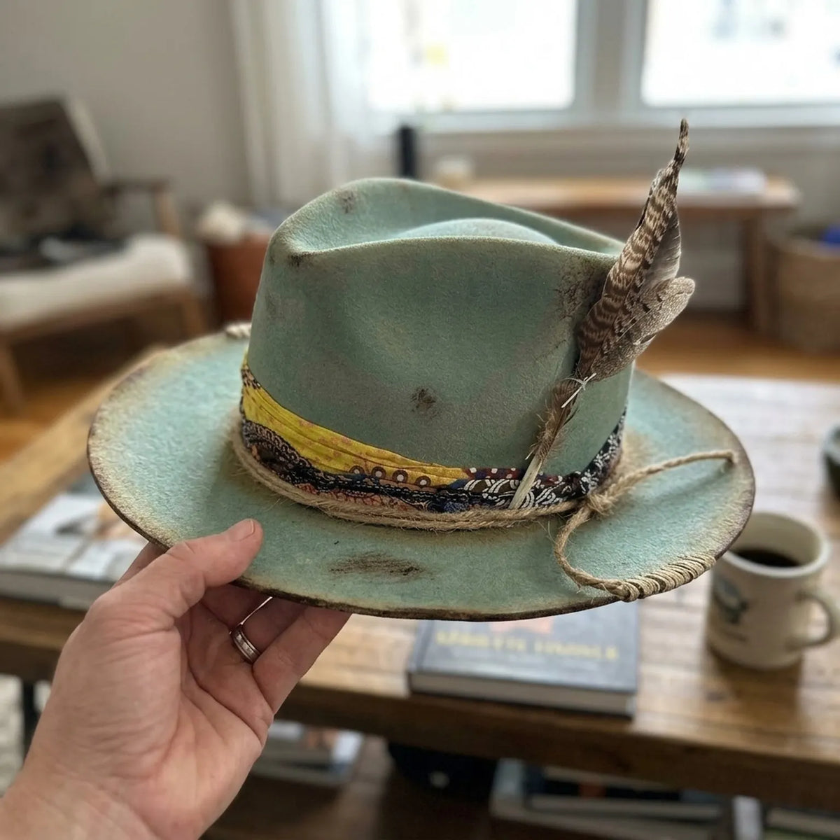 Sage Green Felt Fedora With Bandana Band And Pheasant Feathers