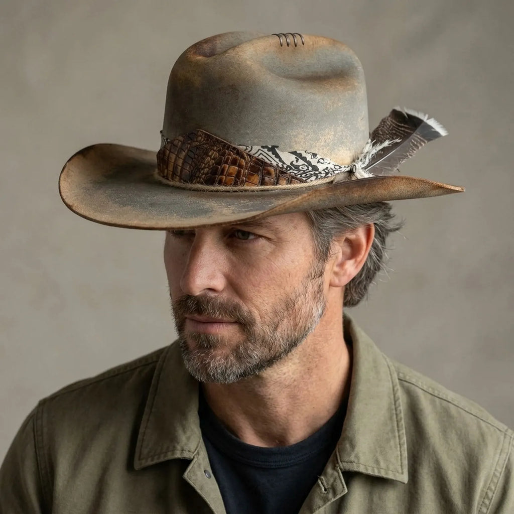 Weathered Tan Western Hat with Croc Leather and Bandana Band